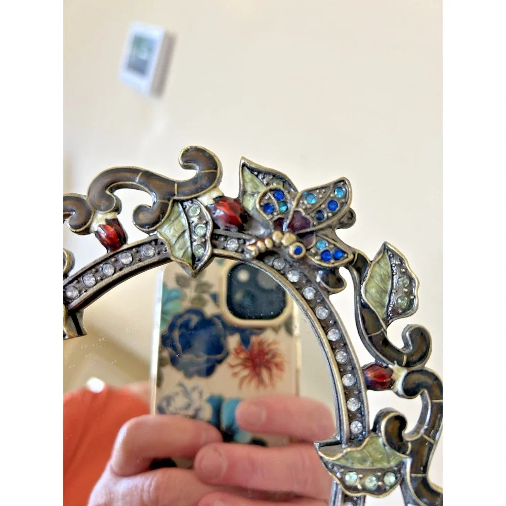 Swivel Enamel Mirror w/Rhinestomes of Flowers & Butterflies-Table Top